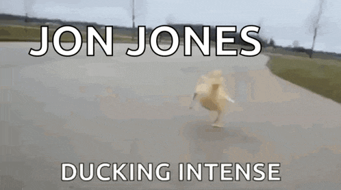 a duck is walking down a road with the words jon jones ducking intense below it