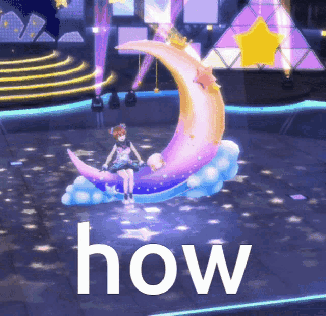 a girl is sitting on a crescent moon with the word how written below her