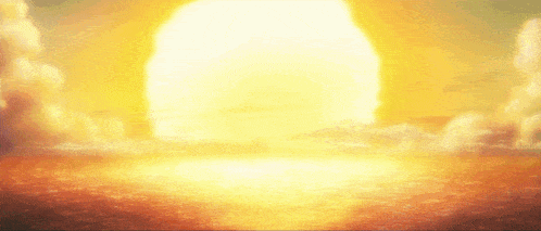 a large sun is shining brightly over a body of water