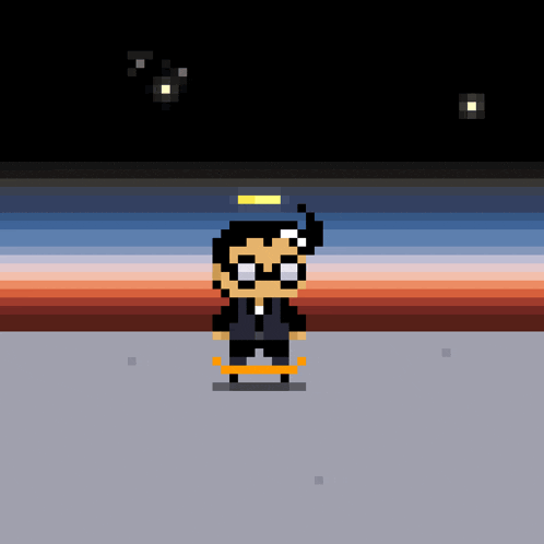 a pixel art of a man wearing glasses