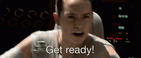 a woman is saying get ready in front of a black background
