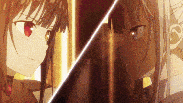 two anime girls are looking at each other and one has red eyes and the other has white hair