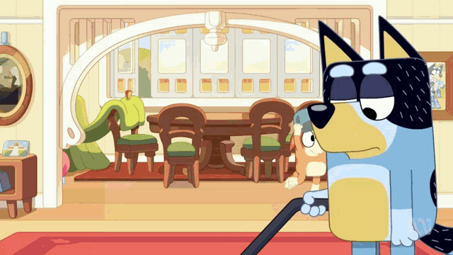 a cartoon dog is holding a vacuum cleaner in front of a living room