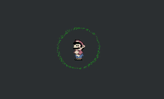a pixel art of mario surrounded by green circles