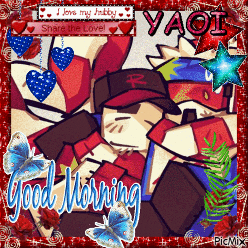a picture of a man with a r on his hat says good morning yaoi