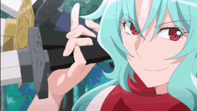 a girl with blue hair and red eyes is holding a sword that says " jesus " on it
