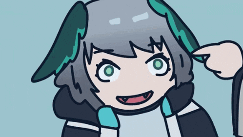 a cartoon drawing of a girl with green eyes making a face