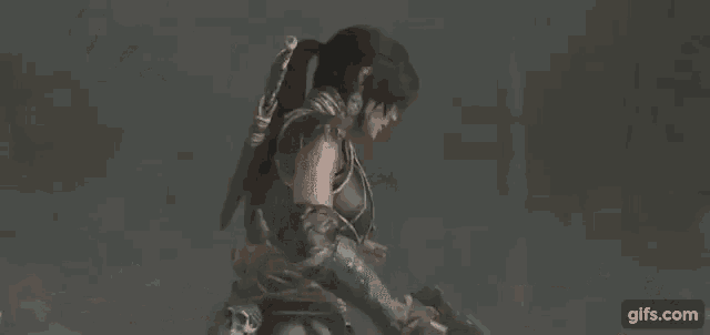 a woman is kneeling in a puddle of water holding a sword in a video game .