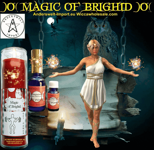 a picture of a woman with a candle and a bottle that says magic of bright