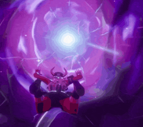 a cartoon character with horns is surrounded by purple lights