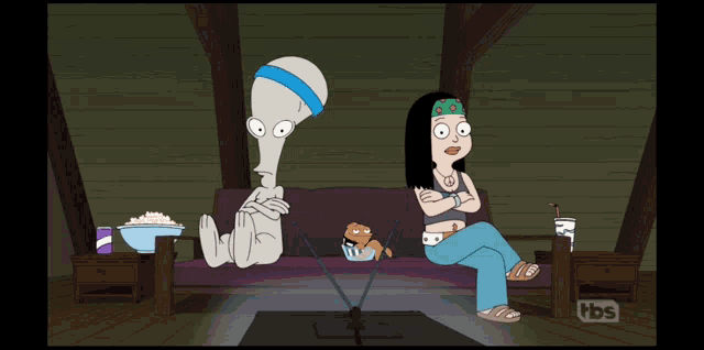 a cartoon shows a man and a woman sitting on a couch with tbs written on the bottom