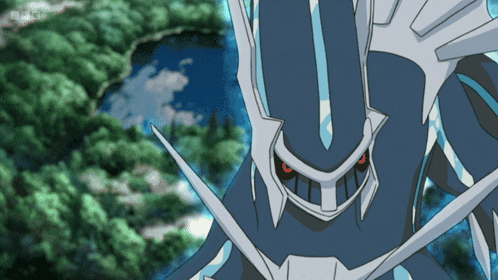 a blue and white monster with red eyes is standing in front of a lake