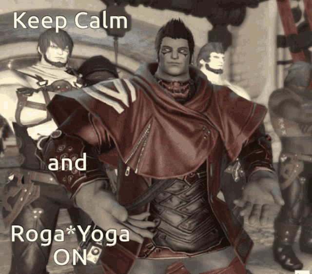 a man in a red jacket with the words keep calm and roga yoga on written above him