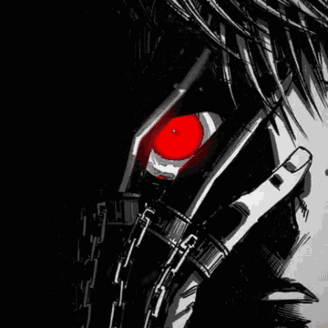 a black and white drawing of a robot with a red eye and chains around it .