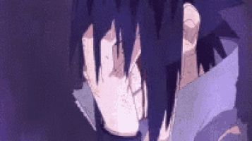 a close up of a person 's face with purple hair and a blue shirt .