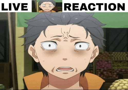 a cartoon of a man with a surprised look on his face with the words live reaction below him