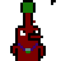 a pixel art of a red bottle with a blue necklace