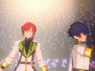 two anime characters are standing next to each other on stage