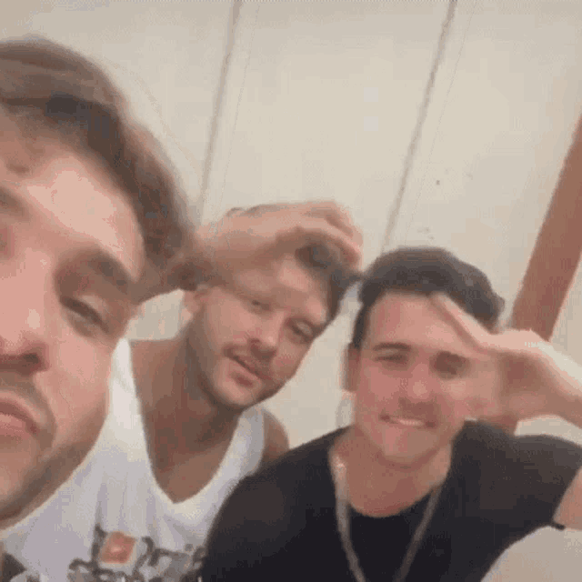 a group of three men are posing for a picture together .