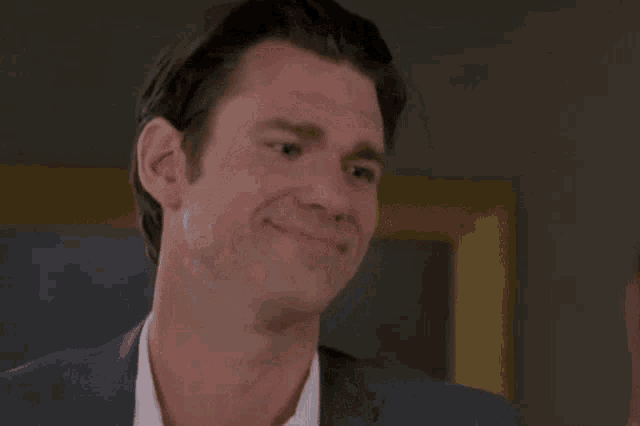 a man in a suit and tie is smiling while looking at the camera .