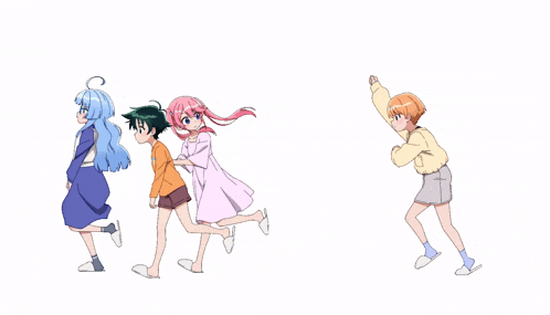 a group of anime girls are running in a line