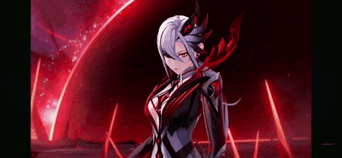 a girl with long white hair and red feathers is standing in front of a red light .