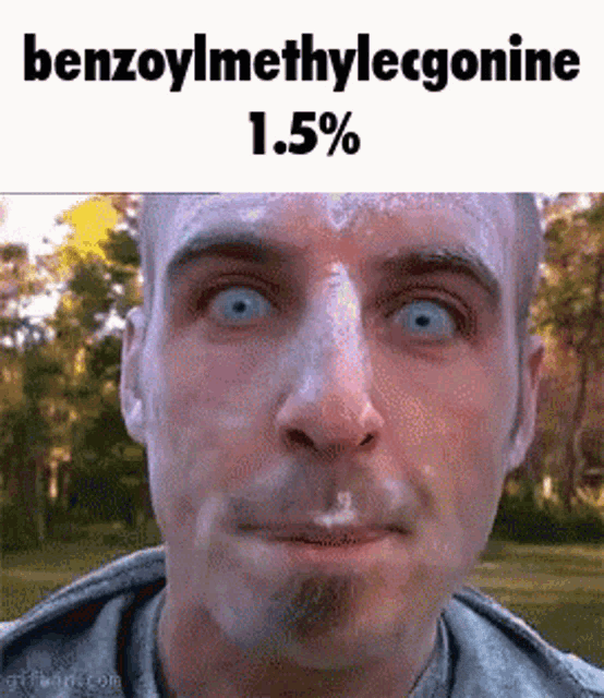 a man is making a funny face with benzoylmethane 1.5 % in his mouth