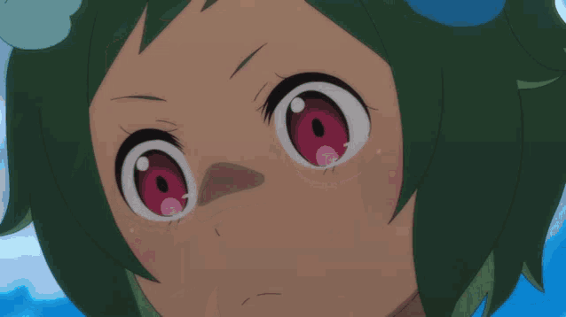a girl with green hair and red eyes looks at the camera