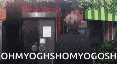 a man standing in front of a building with the words ohmyoghshomyogosh written below him