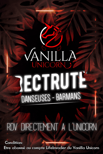 a poster for vanilla unicorn shows a red leafy background