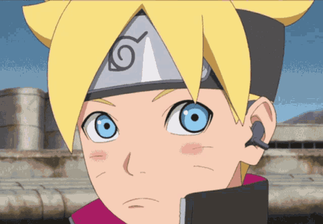 a close up of a cartoon character with blue eyes and a headband with a swirl on it