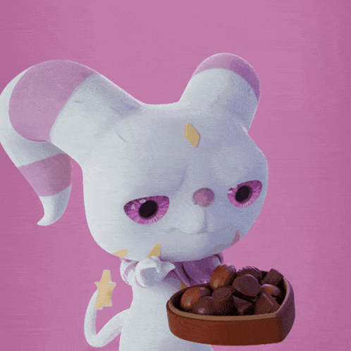 a cartoon character holding a heart shaped bowl of chocolates