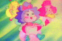 a cartoon of a girl with blue hair and a pink bow on her head