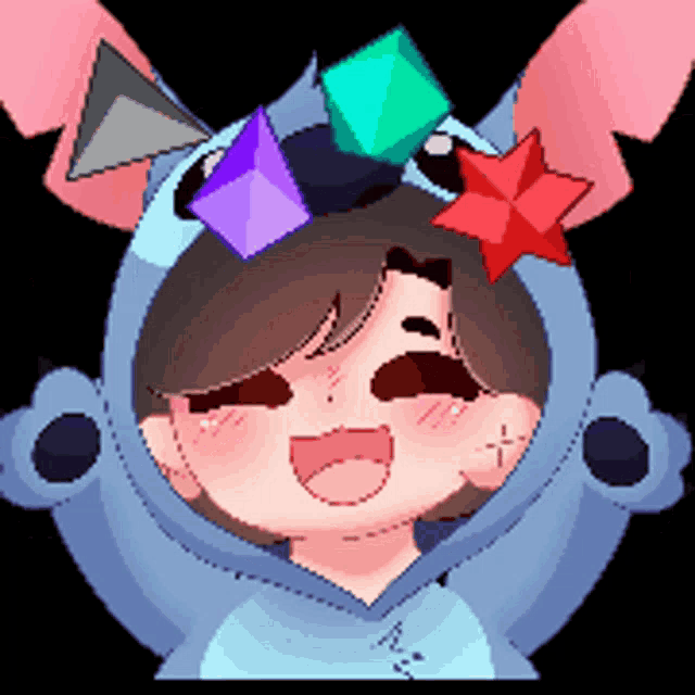 a pixel art drawing of a girl wearing a stitch hoodie