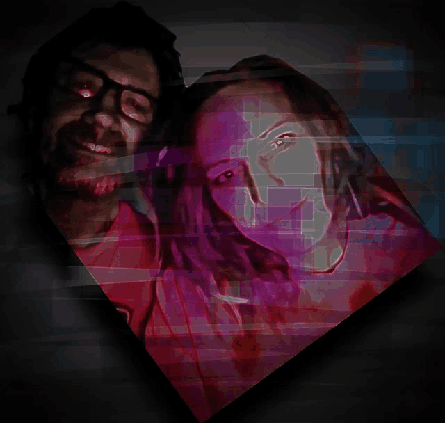 a painting of a man and a woman with purple lines