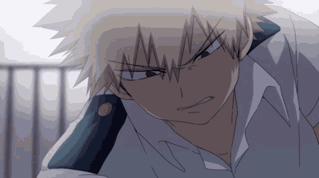 a close up of a anime character with red eyes and a white shirt
