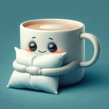 a cup of coffee with a face on it holding a white pillow