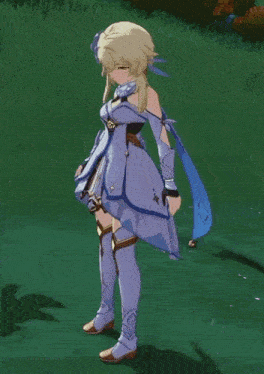 a girl in a purple dress is standing in a field