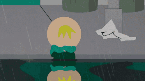 a cartoon character with a yellow head is standing in the rain