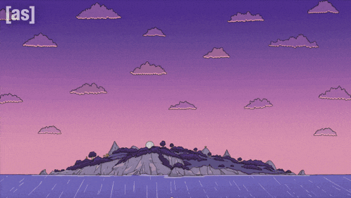 a cartoon drawing of a small island in the middle of the ocean with a purple sky