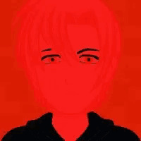 a cartoon drawing of a boy with red eyes and white hair