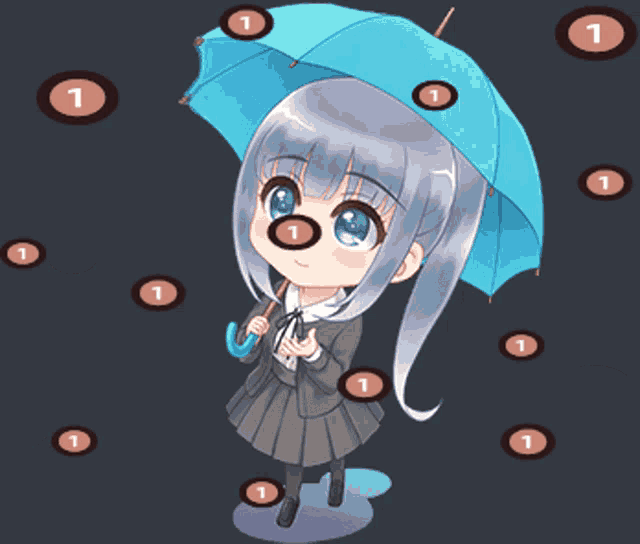 a girl holding a blue umbrella surrounded by circles with numbers 1 on them