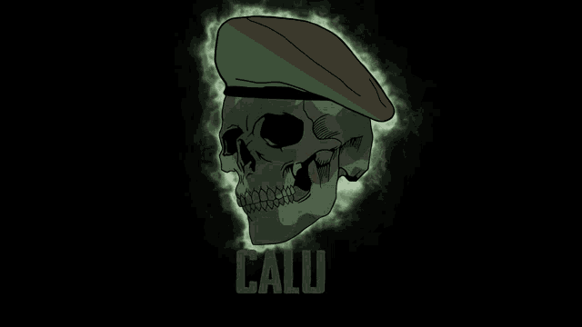a drawing of a skull with a red and green hat and the word calu below it