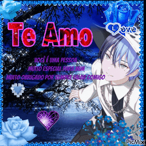 a picture of a boy with blue hair and the words te amo on it