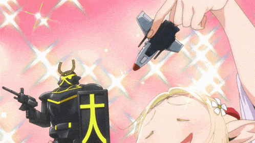 a cartoon drawing of a girl holding a toy airplane and a robot with a cross on it