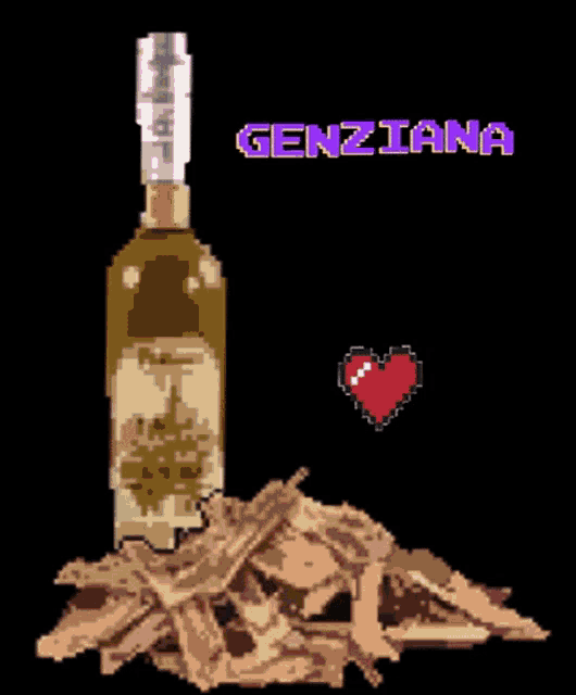 a pixel art of a bottle of genziana next to a pile of wood
