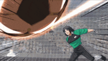 a soccer player in a green jersey with a japanese flag on it is about to kick a ball