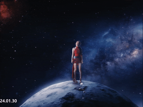 a woman in a red dress is standing on a planet with the date 24.01.30