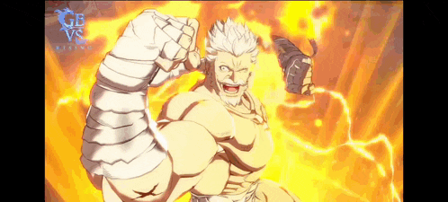 a man with a beard is holding his fist up in the air while a lightning bolt is coming from his hand .