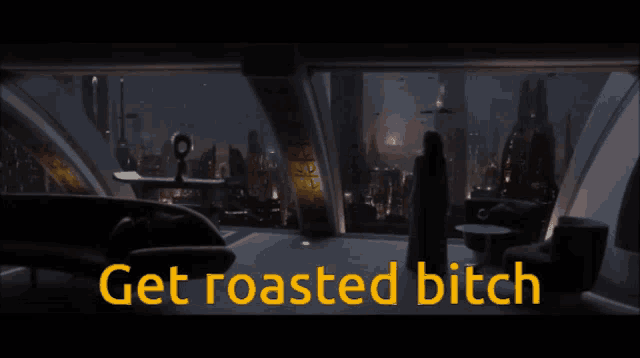 a woman standing next to a robot with the words get roasted bitch above her